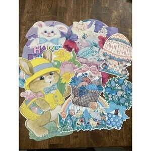 7 Vintage Retro Easter Die Cut Decorations Bunny Eggs Basket Spring Wall Lot